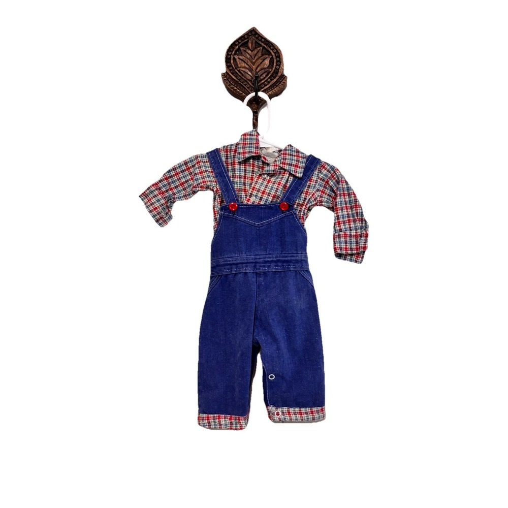 Cotton Candy Kids Set Plaid Shirt Denim Overalls Vintage Retro Blue Red